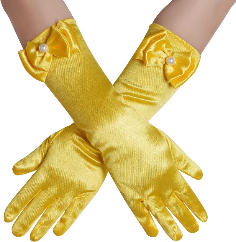 Yolyoo Girls Princess Gloves,Girl White Long Satin Princess Dress Up Diamonds Bows Gloves for Birthday,Wedding, Costume Party - Image 1