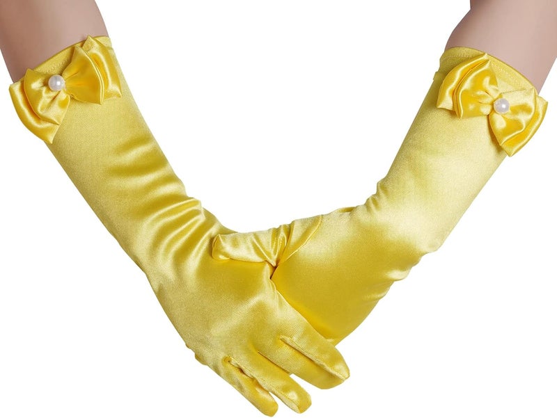 Yolyoo Girls Princess Gloves,Girl White Long Satin Princess Dress Up Diamonds Bows Gloves for Birthday,Wedding, Costume Party - Image 4