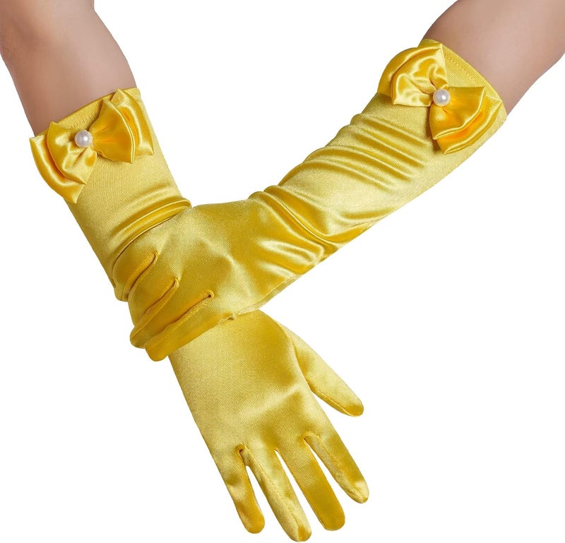 Yolyoo Girls Princess Gloves,Girl White Long Satin Princess Dress Up Diamonds Bows Gloves for Birthday,Wedding, Costume Party - Image 5