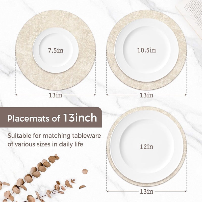 NCUE 13" Round Placemats Set of 6, Reversible Faux Leather Heat Resistant Table Mats, 100% Waterproof Oilproof Wipeable Table Protective Placemats for Vinyl, Washable for Indoor & Outdoor Use (6, Beige) - Image 2