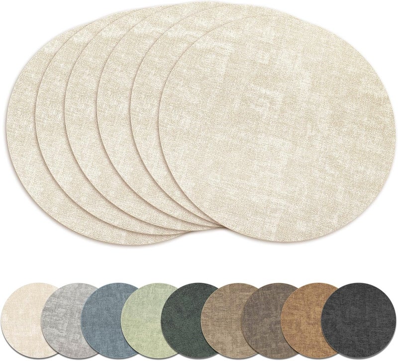 NCUE 13" Round Placemats Set of 6, Reversible Faux Leather Heat Resistant Table Mats, 100% Waterproof Oilproof Wipeable Table Protective Placemats for Vinyl, Washable for Indoor & Outdoor Use (6, Beige) - Image 1
