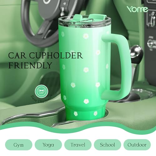 YOME 40 oz Green Daisy Tumbler with Handle and Flip Straw for Women | Stainless Steel Insulated Water Bottle | Keeps Drinks Cold | Dishwasher Safe | Cupholder Friendly | Gift Gym Travel Yoga - Image 3