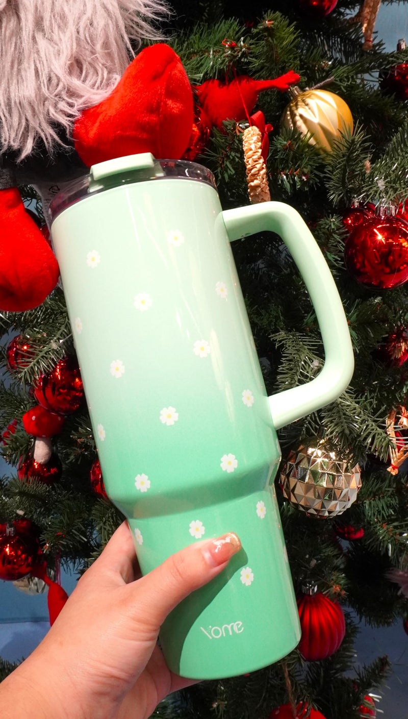 YOME 40 oz Green Daisy Tumbler with Handle and Flip Straw for Women | Stainless Steel Insulated Water Bottle | Keeps Drinks Cold | Dishwasher Safe | Cupholder Friendly | Gift Gym Travel Yoga - Image 2