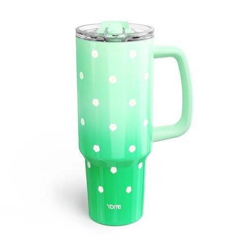 YOME 40 oz Green Daisy Tumbler with Handle and Flip Straw for Women | Stainless Steel Insulated Water Bottle | Keeps Drinks Cold | Dishwasher Safe | Cupholder Friendly | Gift Gym Travel Yoga - Image 1