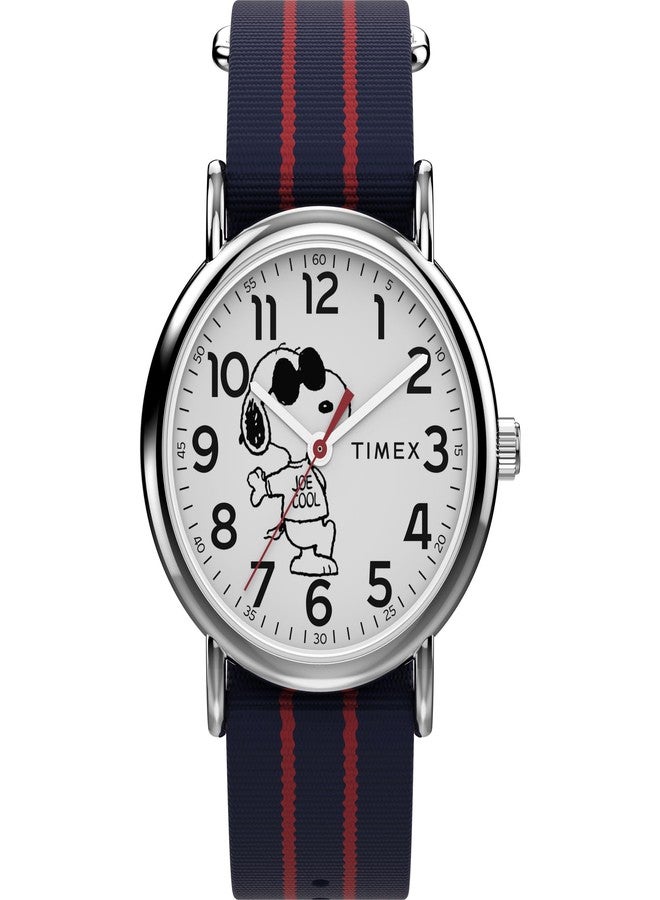 Timex Unisex Peanuts Weekender 38mm Watch - Blue Strap White Dial Silver-Tone Case - Image 1