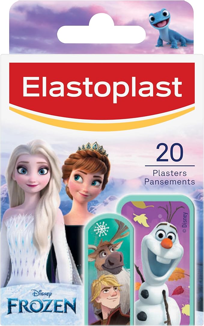 Elastoplast Disney Frozen Plasters, Assorted Sizes (20 Pieces), Coloured First Aid Plasters for Children, Kid’s Everyday Plasters with Frozen Designs, Various Sized, Skin-Friendly - Image 1
