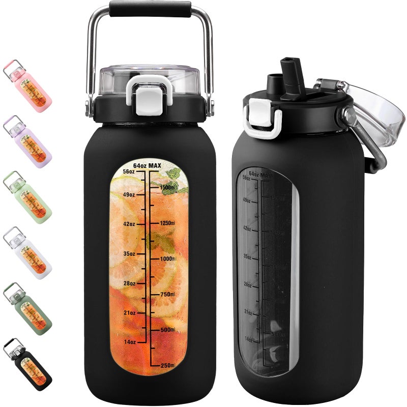 BLUEGO 2000ml Glass Water Bottle with Stainless Steel Handle and Time Marker Motivation Glass 2L with Silicone Sleeve and Straw for Gym Office Outdoor Sport Water Bottles BPA Free Black - Image 1