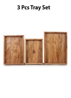 REZLAN UAE Handcrafted Acacia Wood Serving Tray Set – 3-Piece Natural Wooden Trays (Small, Medium, Large) – Rustic Serving Boards for Dining, Entertaining & Home Décor  - Image 1