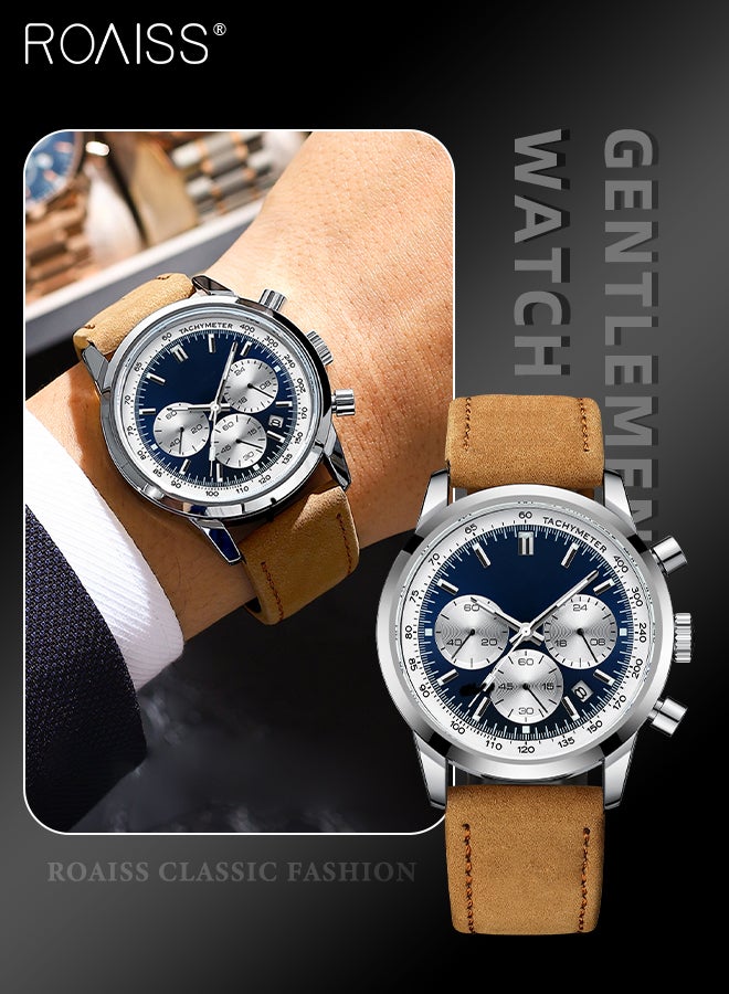 رويس ساعة كرونوغراف كوارتز بحزام جلدي للرجال، ساعة بقرص دائري مع أقراص فرعية كرونوغراف، ساعة يد مضيئة مقاومة للماء كهدية للرجال - Image 1