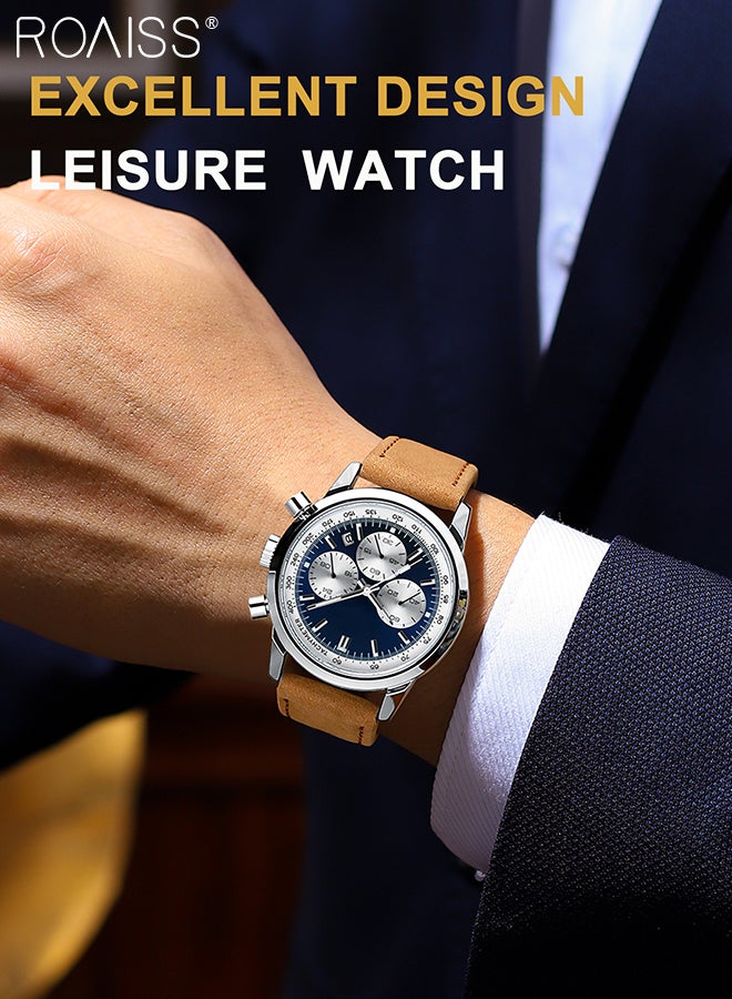 رويس ساعة كرونوغراف كوارتز بحزام جلدي للرجال، ساعة بقرص دائري مع أقراص فرعية كرونوغراف، ساعة يد مضيئة مقاومة للماء كهدية للرجال - Image 2