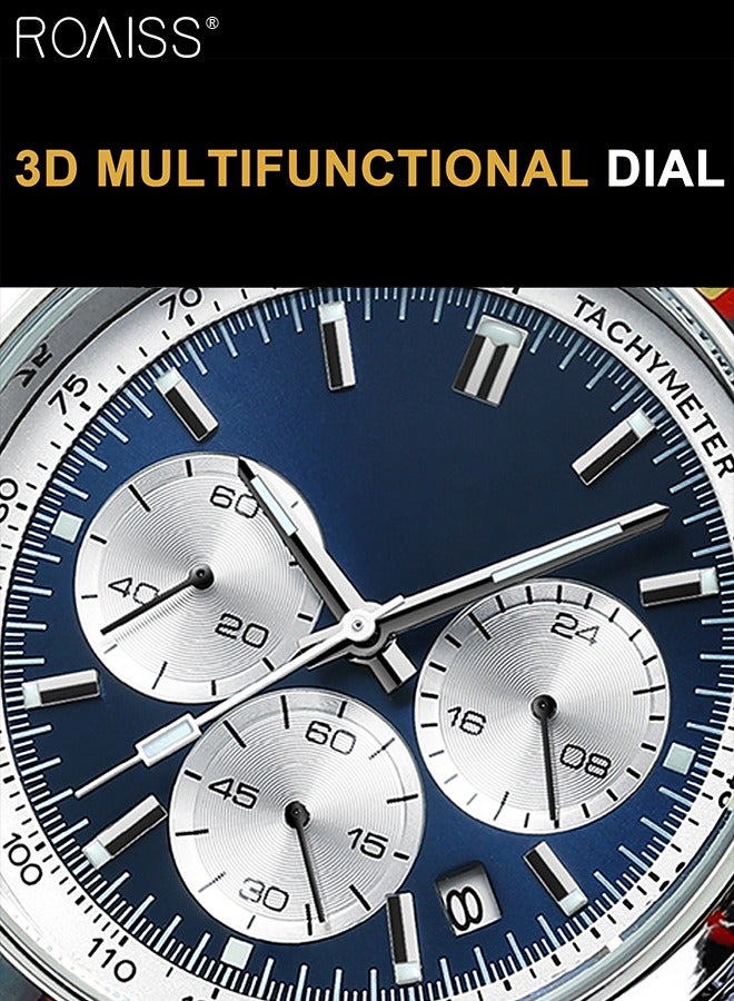 رويس ساعة كرونوغراف كوارتز بحزام جلدي للرجال، ساعة بقرص دائري مع أقراص فرعية كرونوغراف، ساعة يد مضيئة مقاومة للماء كهدية للرجال - Image 3