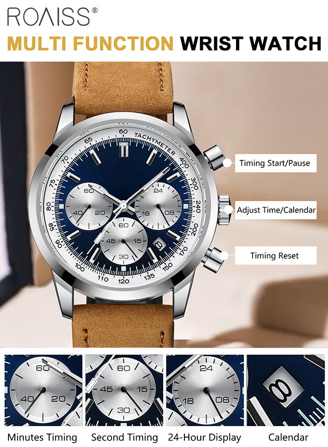 رويس ساعة كرونوغراف كوارتز بحزام جلدي للرجال، ساعة بقرص دائري مع أقراص فرعية كرونوغراف، ساعة يد مضيئة مقاومة للماء كهدية للرجال - Image 5