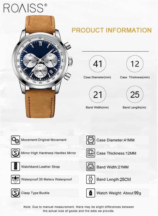 رويس ساعة كرونوغراف كوارتز بحزام جلدي للرجال، ساعة بقرص دائري مع أقراص فرعية كرونوغراف، ساعة يد مضيئة مقاومة للماء كهدية للرجال - Image 4