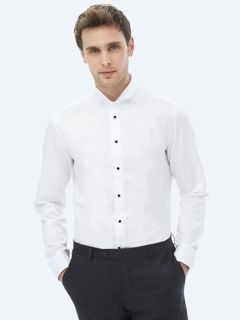 Kip White Plain Slim Fit Double Cuff Wing Collar Tuxedo Shirts