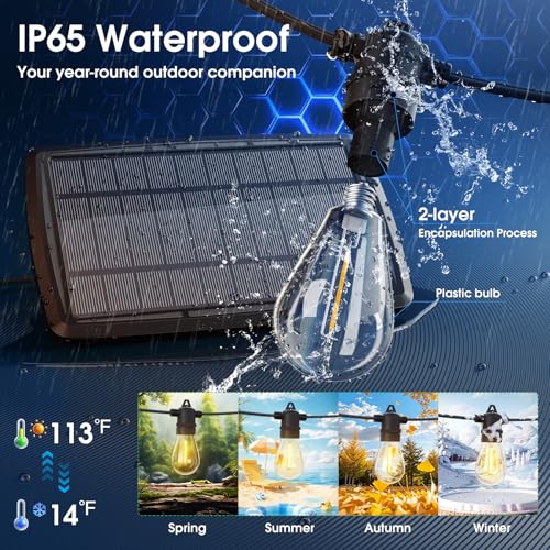 KYY 54(48+6) FT Solar String Lights Outdoor with USB Port Remote, Waterproof and Shatterproof Patio with Solar Powered Panel, LED Vintage Edison Bulbs, Heavy-Duty and UL Listed Market Lights - Image 3