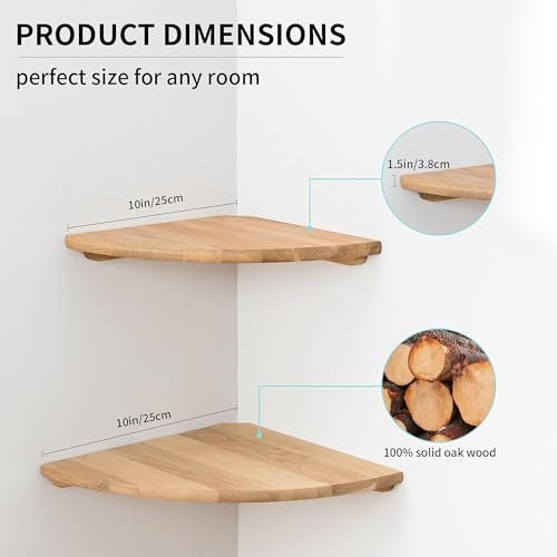 Conamily Corner Shelves, Floating Corner Shelf, Set of 2 10inch Solid Oak Wood Corner Wall Shelves, Round End Wall Mount Display Shelf with Wire Hole for Bedroom Kitchen, Living Room - Image 5