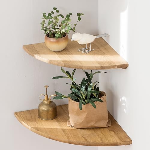 Conamily Corner Shelves, Floating Corner Shelf, Set of 2 10inch Solid Oak Wood Corner Wall Shelves, Round End Wall Mount Display Shelf with Wire Hole for Bedroom Kitchen, Living Room - Image 1
