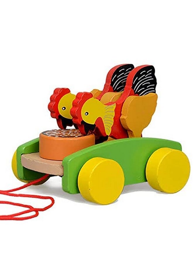 Smartcraft Smartcraft Wooden Drum Musical Pull Along Toy, Baby Early Walking Pull Toy, Rope Toy for Babies, Walking Toy Vehicle for Babies Wood, Multi Color (Pack of 1) (Hen)  - Image 2