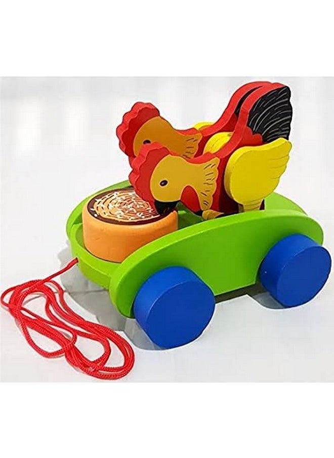Smartcraft Smartcraft Wooden Drum Musical Pull Along Toy, Baby Early Walking Pull Toy, Rope Toy for Babies, Walking Toy Vehicle for Babies Wood, Multi Color (Pack of 1) (Hen)  - Image 3