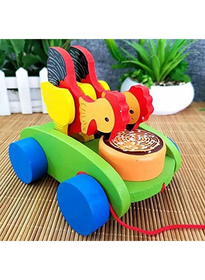 Smartcraft Smartcraft Wooden Drum Musical Pull Along Toy, Baby Early Walking Pull Toy, Rope Toy for Babies, Walking Toy Vehicle for Babies Wood, Multi Color (Pack of 1) (Hen)  - Image 5