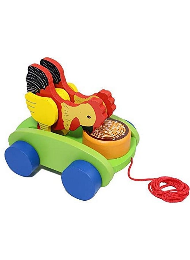 Smartcraft Smartcraft Wooden Drum Musical Pull Along Toy, Baby Early Walking Pull Toy, Rope Toy for Babies, Walking Toy Vehicle for Babies Wood, Multi Color (Pack of 1) (Hen)  - Image 1
