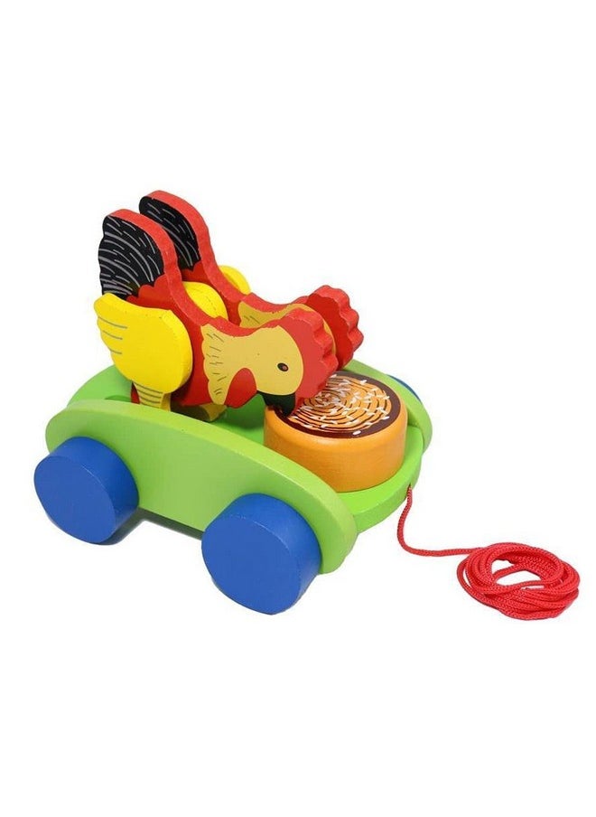 Smartcraft Smartcraft Wooden Drum Musical Pull Along Toy, Baby Early Walking Pull Toy, Rope Toy for Babies, Walking Toy Vehicle for Babies Wood, Multi Color (Pack of 1) (Hen)  - Image 4