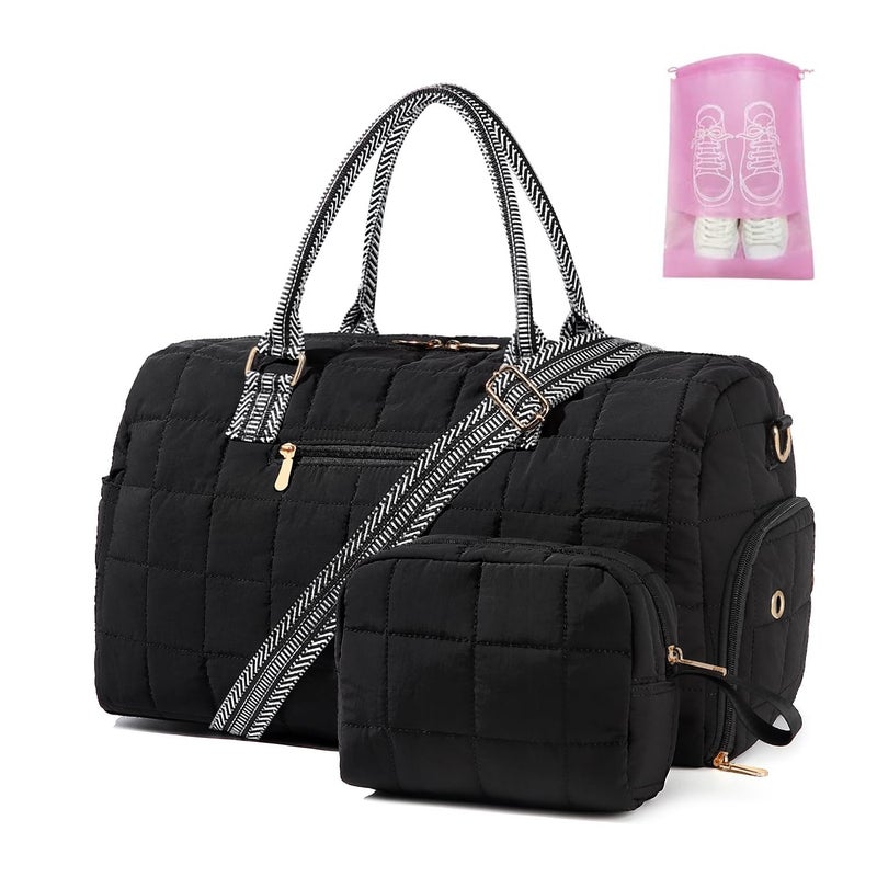 BAVERGE Duffle Bag for Travel Weekender Bag with Shoe Compartment Carry On Overnight Bag for Women with Toiletry Bag Gym Bag with Wet Pocket Hospital Bags for Labor and Delivery Puffy Black - Image 2