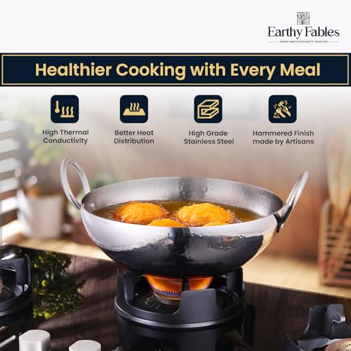 Earthy Fables Hammered Stainless Steel Round Kadhai, 28cm, 4.2Ltr, 1.3kg, Deep Heavy kadai for Cooking and Frying, Food Safe, Toxin Free, no Chemical Coating, Stove & Induction Bottom - Image 3