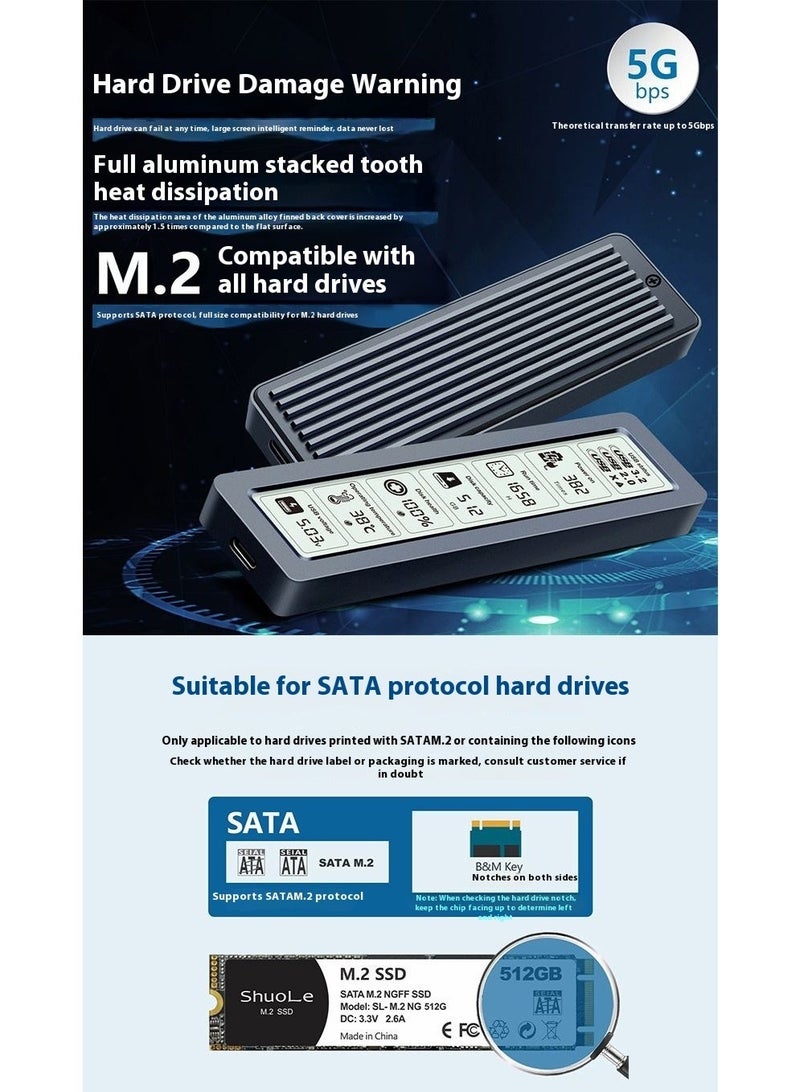 علبة M.2 SSD عالية السرعة USB 3.2 Type-C بشاشة ذكية تبريد مقاومة للصدمات محمولة لأحجام 2230/2242/2260/2280 - Image 3