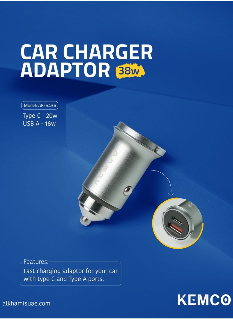 AK KEMCO Kemco 38 Watt Car Charging  Adaptor with 20 W Type C and 18 W Usb A port Fast Charger AK 5436 