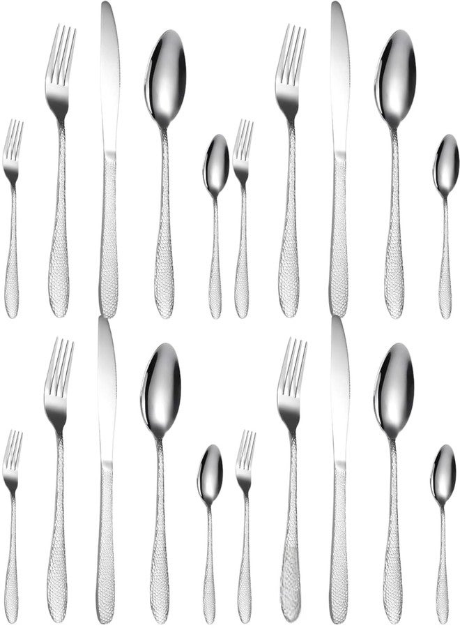 Eletree Stainless Steel Flatware Set | Hammered Handle Cutlery with Salad Forks Dinner Forks Tea Spoons Dinner Spoons and Knives | Dishwasher Safe Tableware for Home and Restaurant (20, Silver) - Image 1