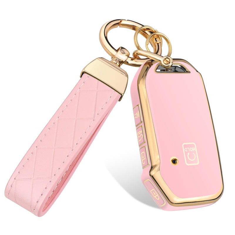 FT FUNTOR for Kia Key Fob Cover,Compatible with Kia Soul Forte Telluride K5 Seltos NIRO Sportage Sorento,5 Buttons TPU for K5 Key Fob Cover with Golden Edge (Pink) - Image 1