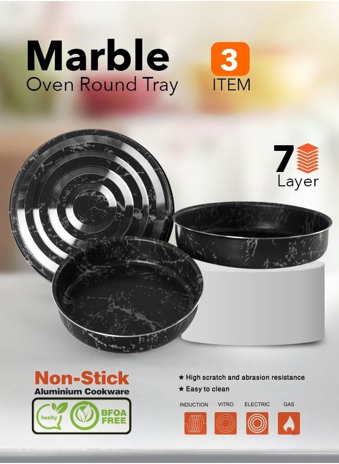 Grandi 3 Piece Cook Round Oven Tray Set 7-Layer Granite Coating Non-Stick Surface Black Marbel  22-26-30cm  - Image 4