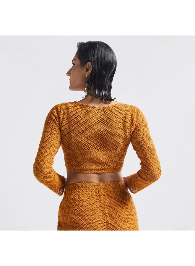 Splash FAV Textured Crop Top with Long Sleeves and Knot Detail