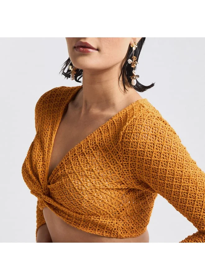 Splash FAV Textured Crop Top with Long Sleeves and Knot Detail