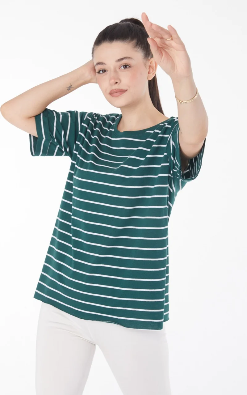 Tofisa Plain Crew Neck Women's Green Striped Short Sleeve T-Shirt - 25840