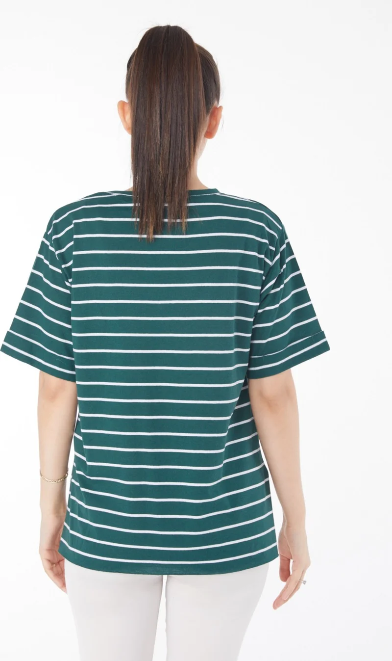 Tofisa Plain Crew Neck Women's Green Striped Short Sleeve T-Shirt - 25840