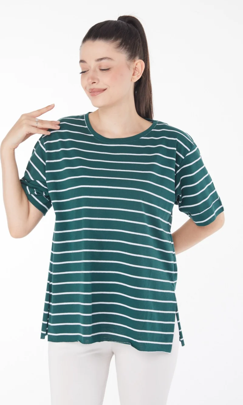 Tofisa Plain Crew Neck Women's Green Striped Short Sleeve T-Shirt - 25840
