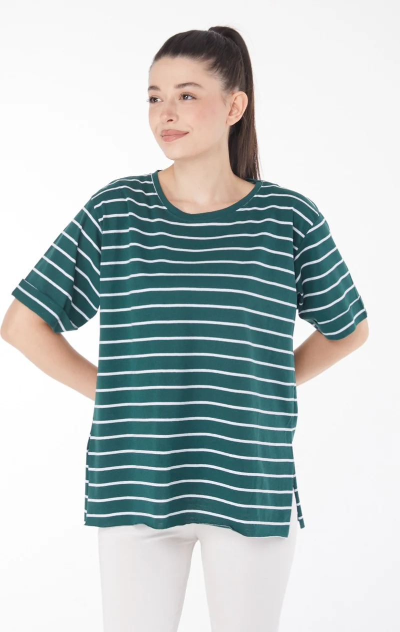 Tofisa Plain Crew Neck Women's Green Striped Short Sleeve T-Shirt - 25840