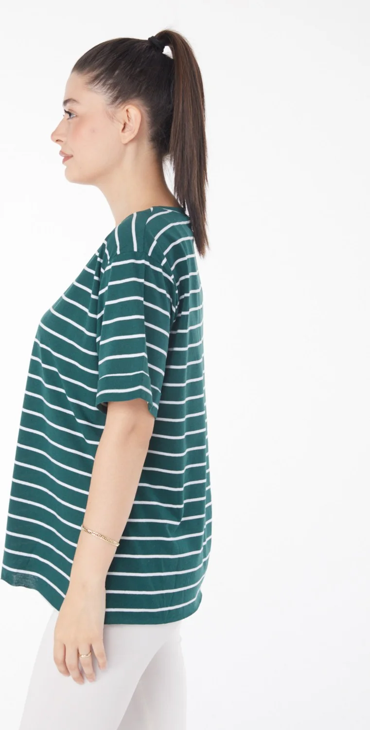 Tofisa Plain Crew Neck Women's Green Striped Short Sleeve T-Shirt - 25840