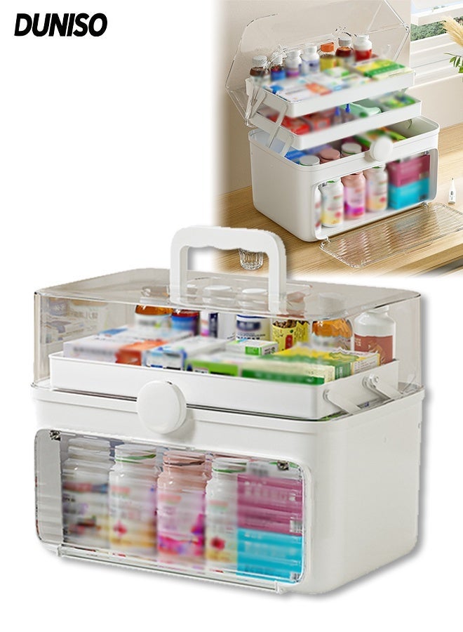 DUNISO Plastic Medicine Organizer, Family Emergency Pill Box, Portable First Aid Kit Pill Case 3-Tier with Compartments and Handles