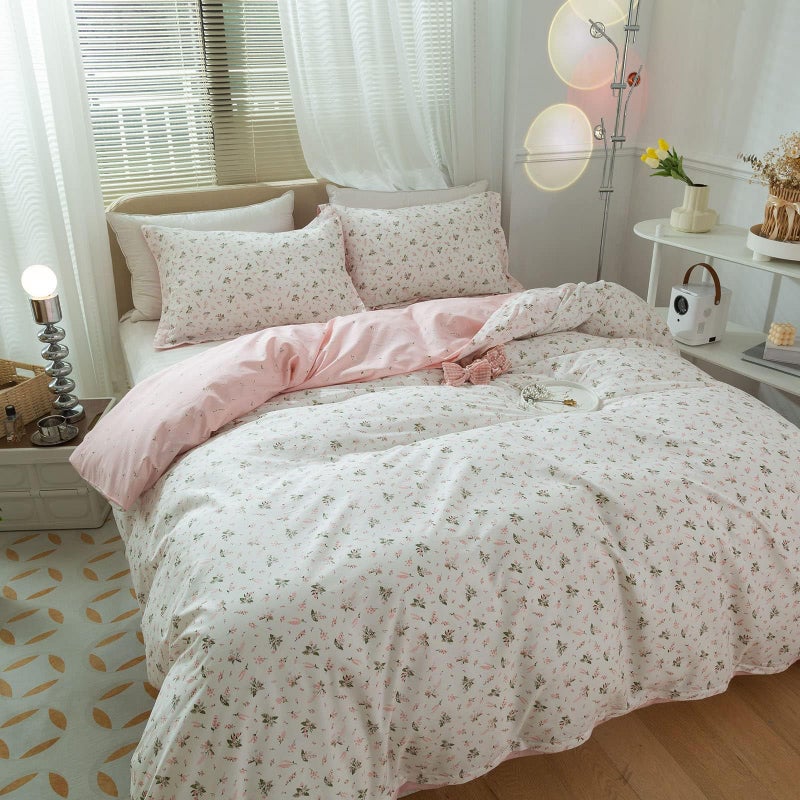 LifeTB Cotton Floral Duvet Cover Queen Girl Pink Flower Bedding Sets Garden Style Cotton Floral Comforter Cover Pink White Floral Bedding Sets Flower Branches Pattern Duvet Cover with Zipper Closure - Image 5