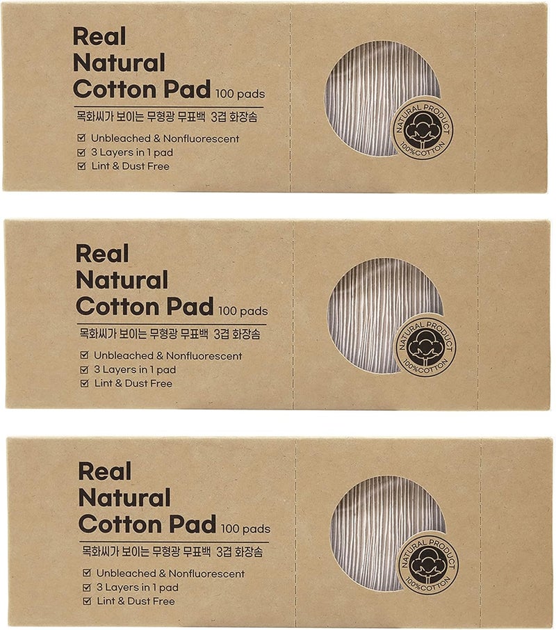 [varuza] Kbeauty Lint Free Unbleached & Non-Fluorescent 3 Layered Cotton Pads Dual(Soft & Textured) Type (300 Count (Pack of 1), Soft 3 Layers (1.96 x 2.55 in))
