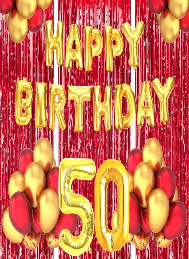 Flyloons 50th Birthday Decoration items for Girls Boys Husband Wife Valentine with Gold and Red Balloons, Golden Happy Birthday Banner, Red Foil curtains, Foil Balloon number 50