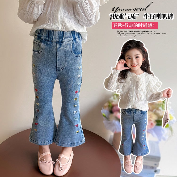 Girls' Jeans Arrival Bow Embroidered Denim Flared Pants Western Style Denim Flared Pants - Image 5