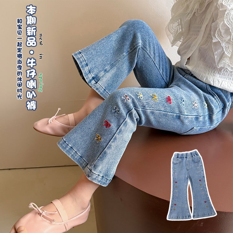 Girls' Jeans Arrival Bow Embroidered Denim Flared Pants Western Style Denim Flared Pants - Image 2