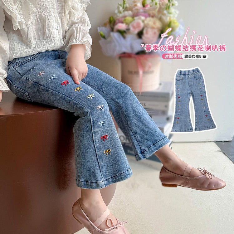 Girls' Jeans Arrival Bow Embroidered Denim Flared Pants Western Style Denim Flared Pants - Image 3