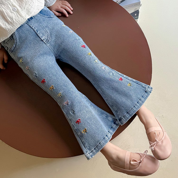 Girls' Jeans Arrival Bow Embroidered Denim Flared Pants Western Style Denim Flared Pants - Image 1