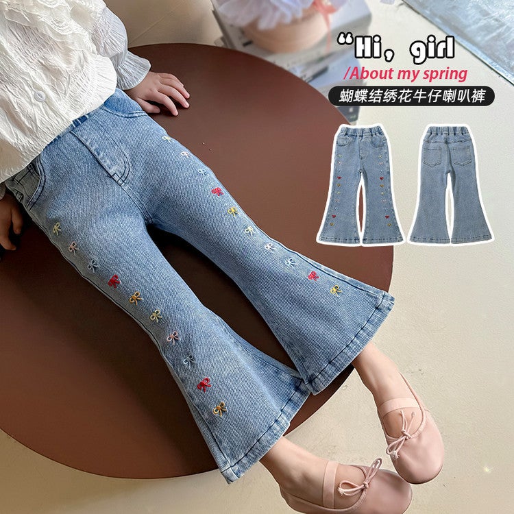Girls' Jeans Arrival Bow Embroidered Denim Flared Pants Western Style Denim Flared Pants - Image 4