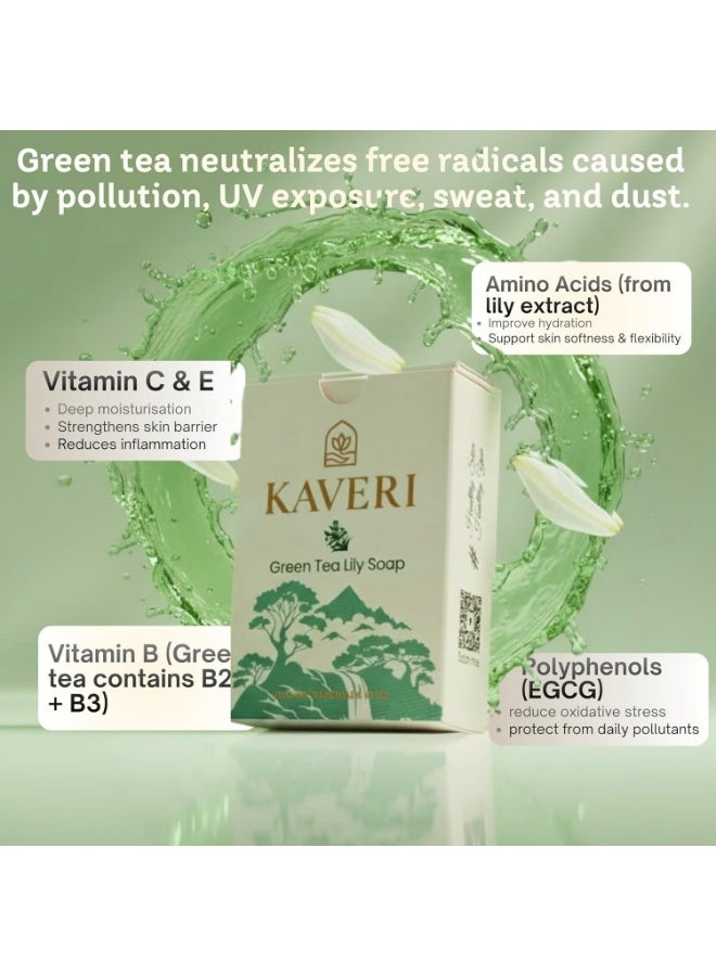 KAVERI Green Tea Lily (Pack Of 3 Soaps)Natural Soap Bar for Sensitive Dry Skin | Handmade Herbal Bathing Soap for Women Men | Refreshing & Antioxidant Rich | Gentle Daily Face Body Cleanser (110g *3) - Image 3